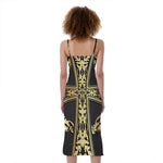 Ornamental Golden Cross Print Slim Fit Midi Cami Dress