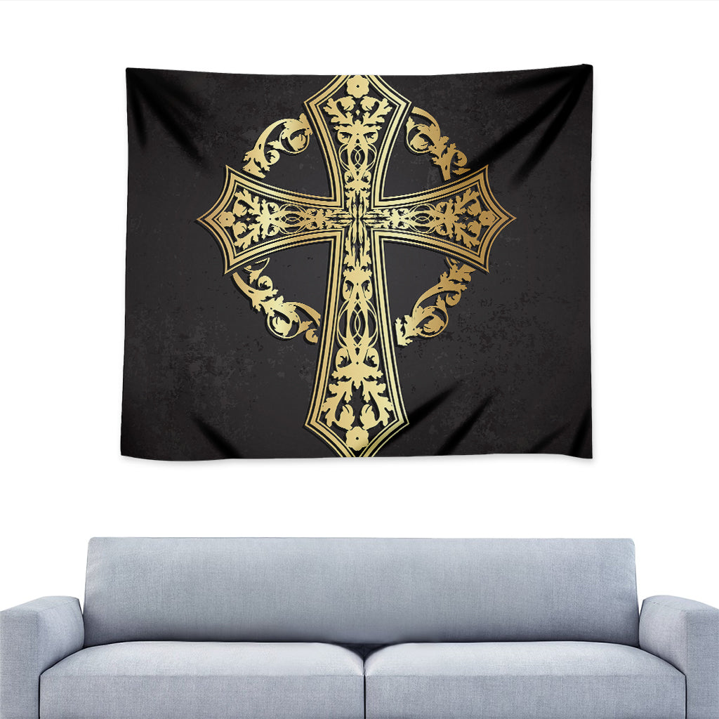 Ornamental Golden Cross Print Tapestry