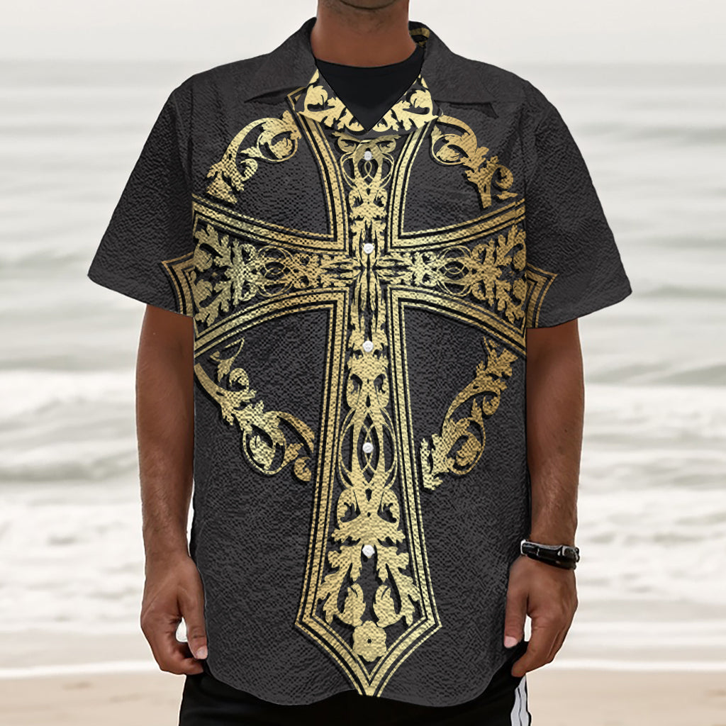 Ornamental Golden Cross Print Textured Short Sleeve Shirt