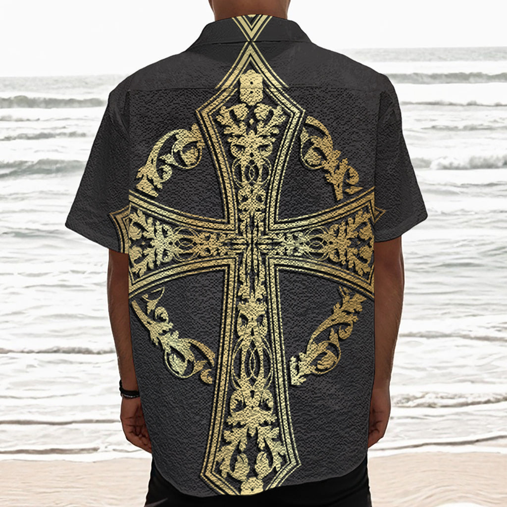 Ornamental Golden Cross Print Textured Short Sleeve Shirt