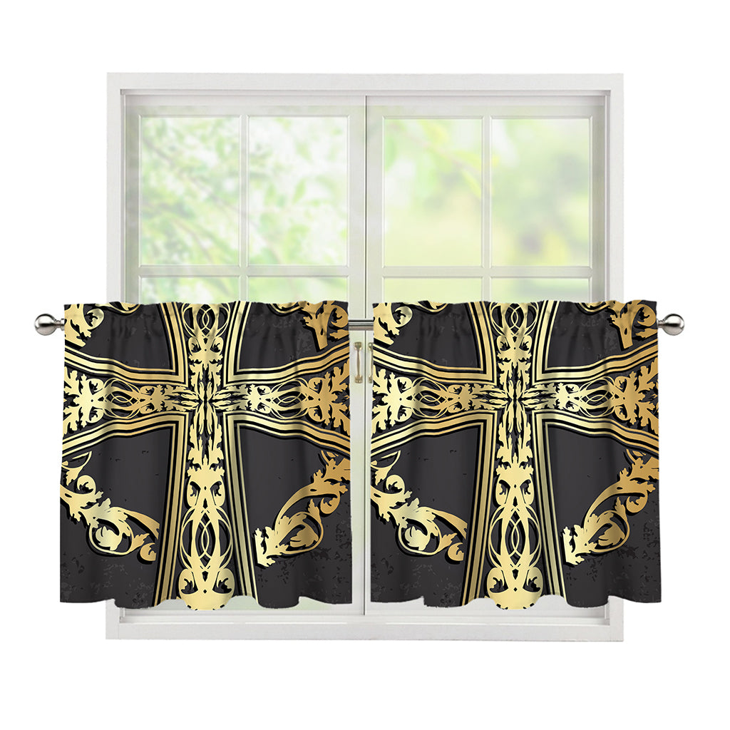 Ornamental Golden Cross Print Tier Curtains