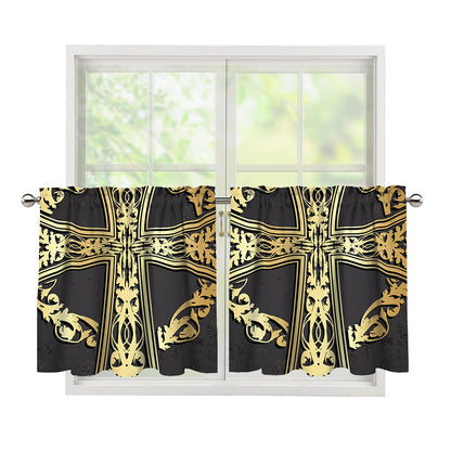 Ornamental Golden Cross Print Tier Curtains