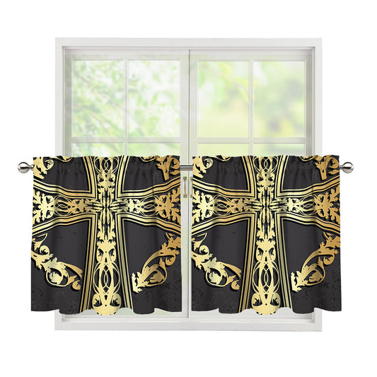 Ornamental Golden Cross Print Tier Curtains