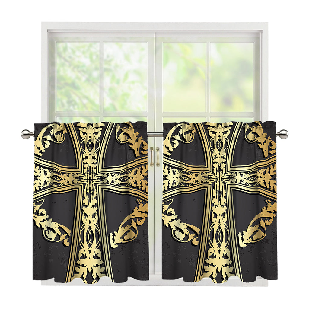 Ornamental Golden Cross Print Tier Curtains