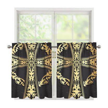 Ornamental Golden Cross Print Tier Curtains