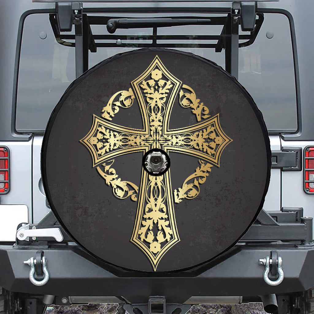 Ornamental Golden Cross Print Tire Cover With Camera Hole