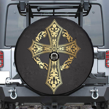 Ornamental Golden Cross Print Tire Cover With Camera Hole