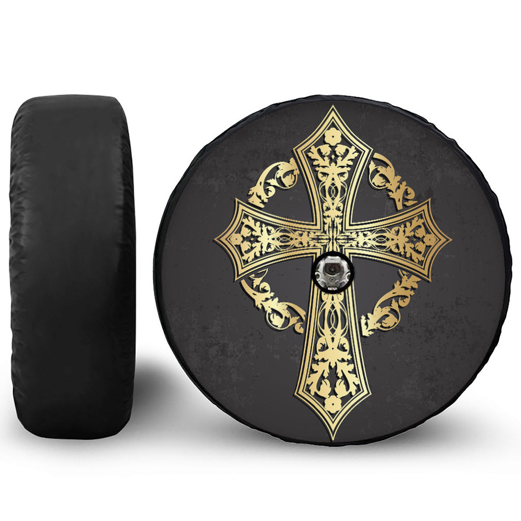 Ornamental Golden Cross Print Tire Cover With Camera Hole