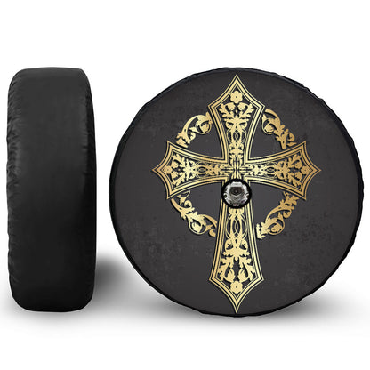 Ornamental Golden Cross Print Tire Cover With Camera Hole