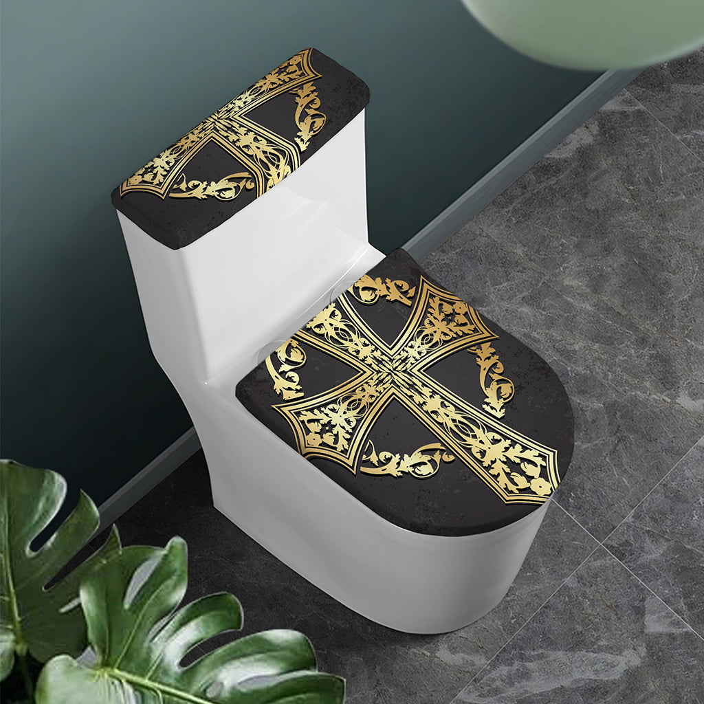 Ornamental Golden Cross Print Toilet Lid And Tank Cover Set