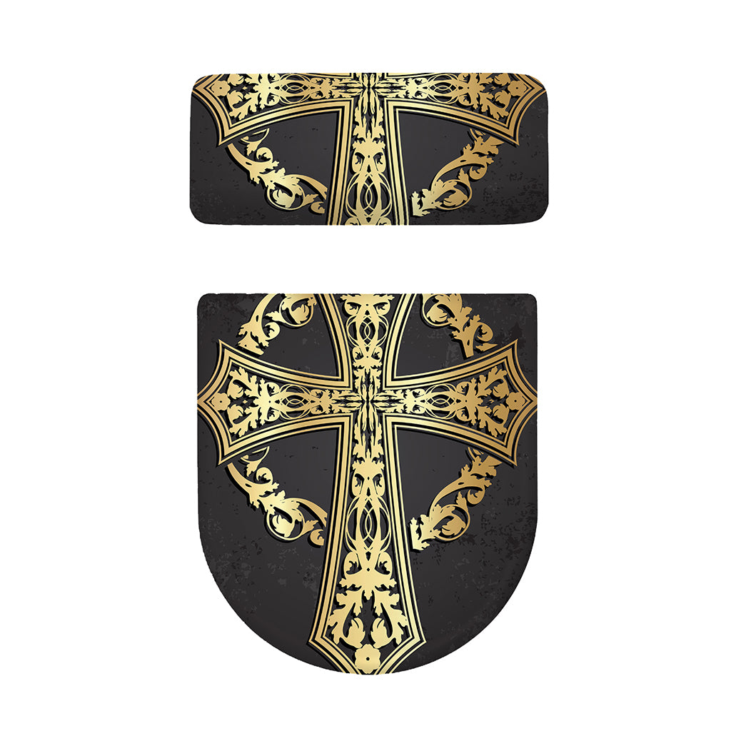 Ornamental Golden Cross Print Toilet Lid And Tank Cover Set