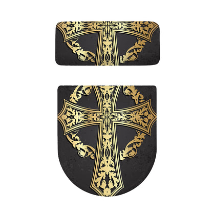 Ornamental Golden Cross Print Toilet Lid And Tank Cover Set