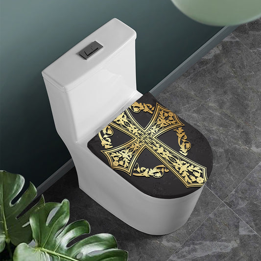 Ornamental Golden Cross Print Toilet Lid Cover