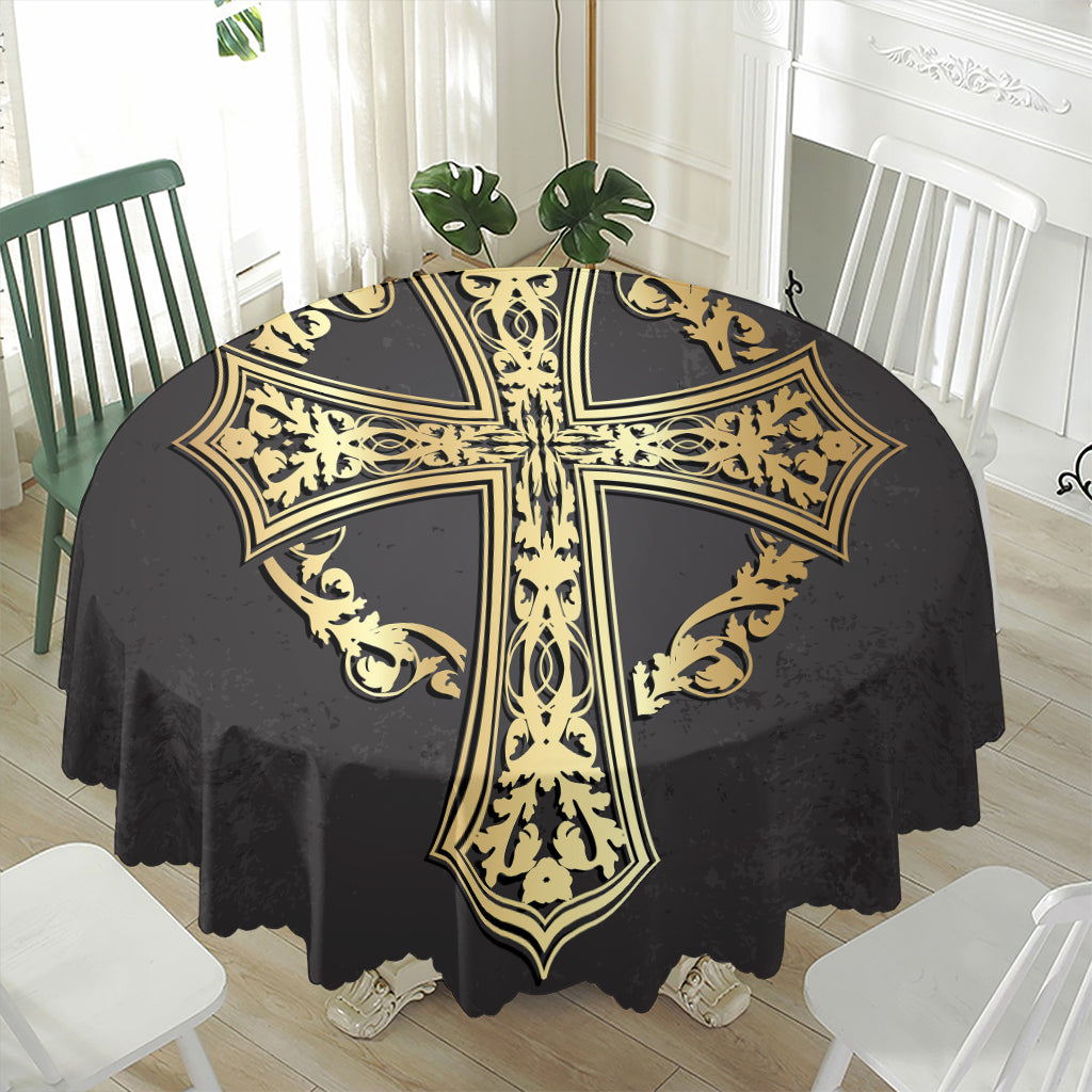 Ornamental Golden Cross Print Waterproof Round Tablecloth