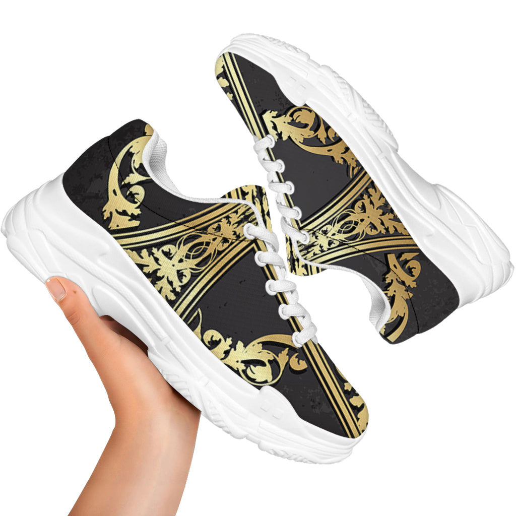 Ornamental Golden Cross Print White Chunky Shoes