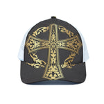 Ornamental Golden Cross Print White Mesh Trucker Cap