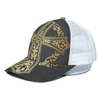 Ornamental Golden Cross Print White Mesh Trucker Cap