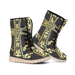 Ornamental Golden Cross Print Winter Boots