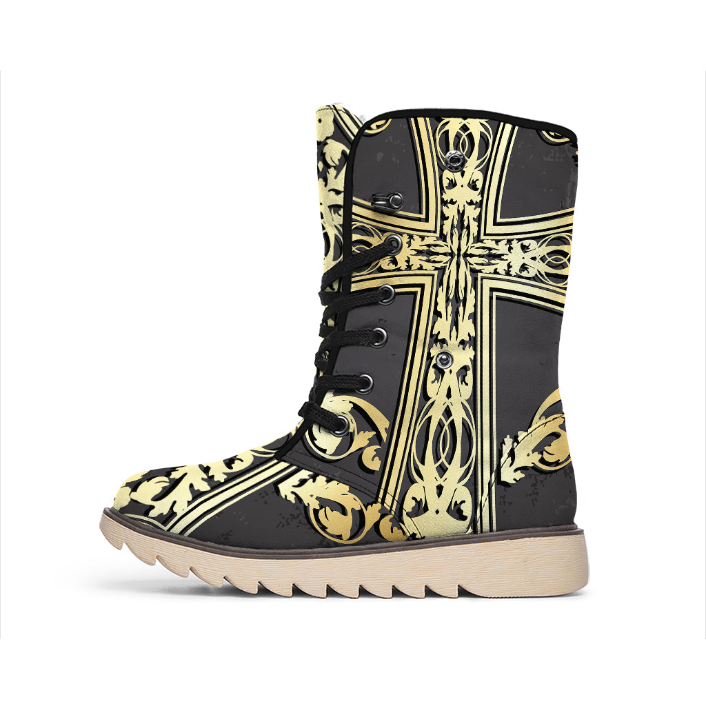 Ornamental Golden Cross Print Winter Boots