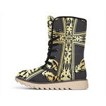 Ornamental Golden Cross Print Winter Boots
