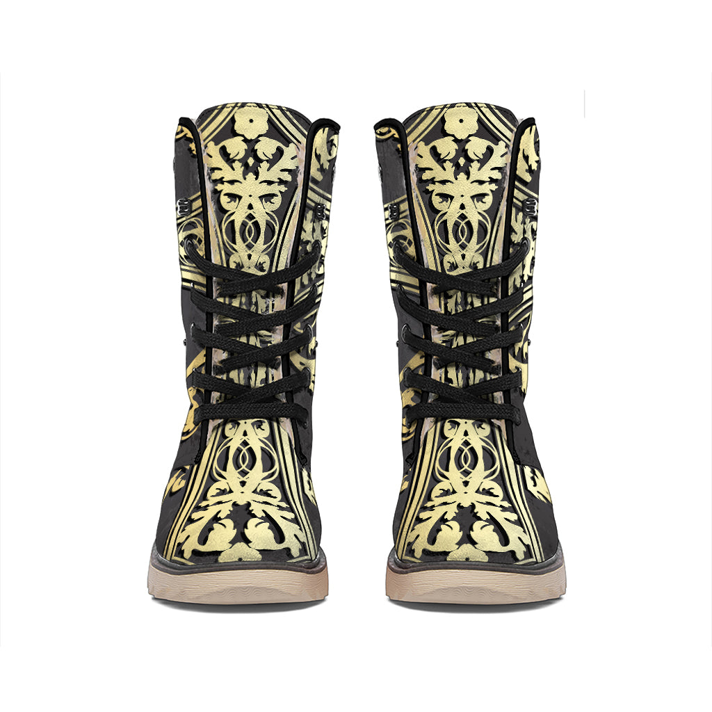 Ornamental Golden Cross Print Winter Boots