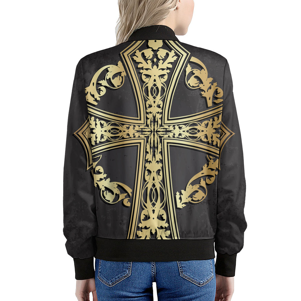 Ornamental Golden Cross Print Women's Bomber Jacket