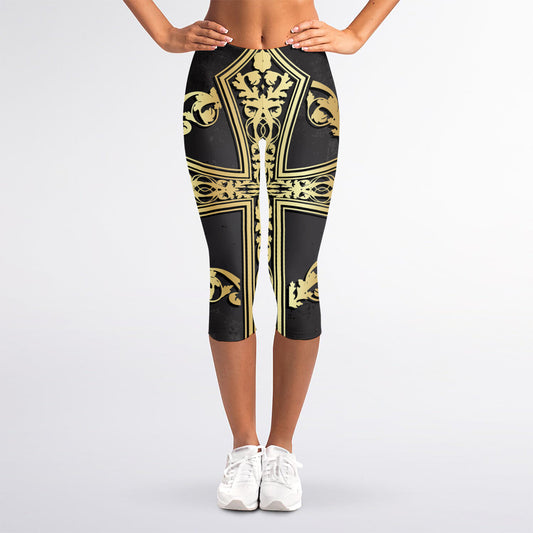 Ornamental Golden Cross Print Women's Capri Leggings