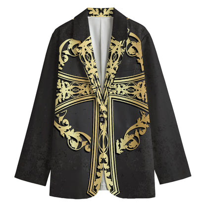 Ornamental Golden Cross Print Women's Cotton Blazer