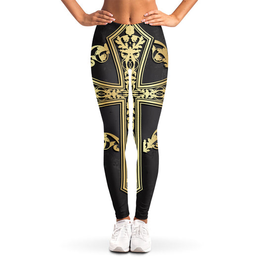 Ornamental Golden Cross Print Women's Leggings