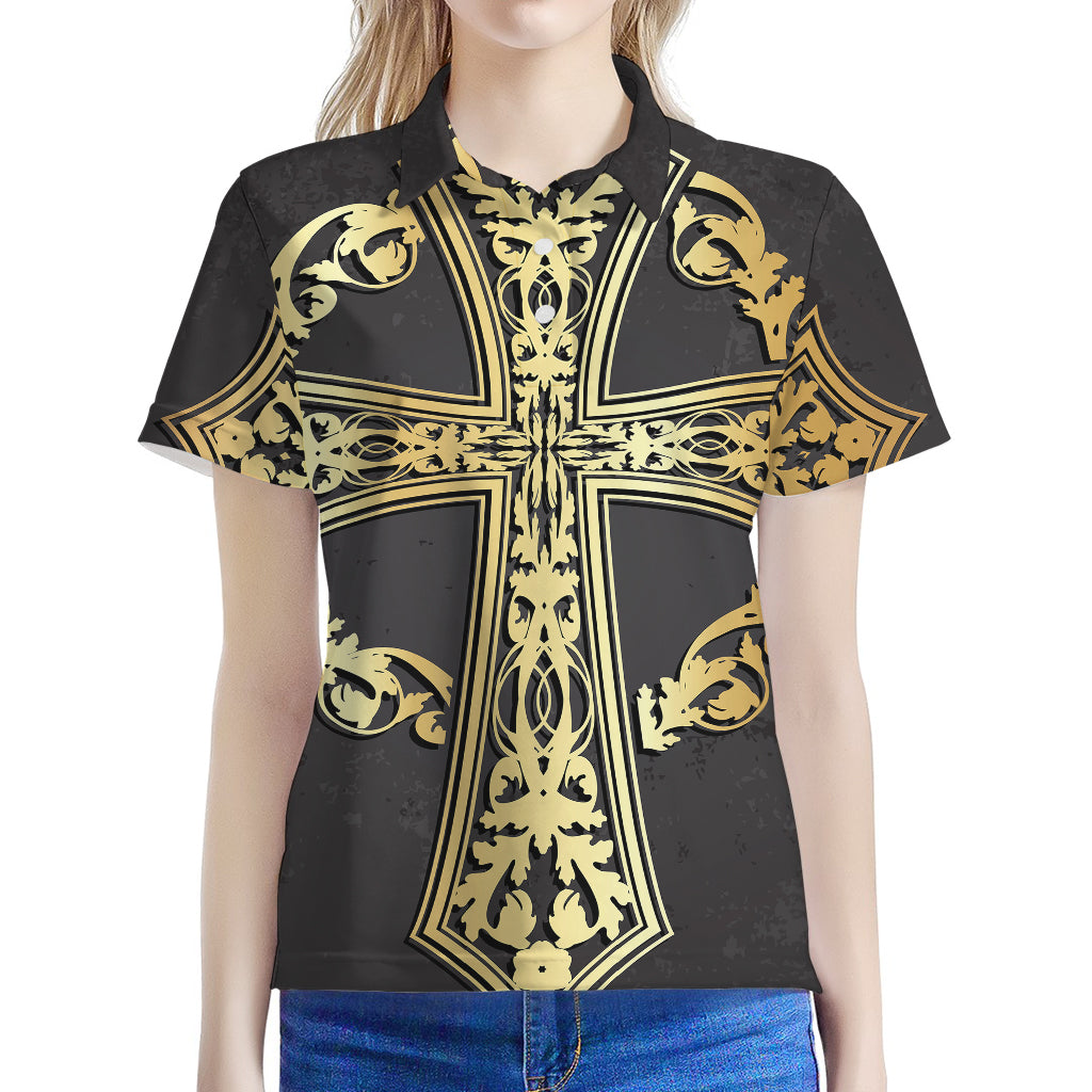 Ornamental Golden Cross Print Women's Polo Shirt