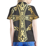 Ornamental Golden Cross Print Women's Polo Shirt