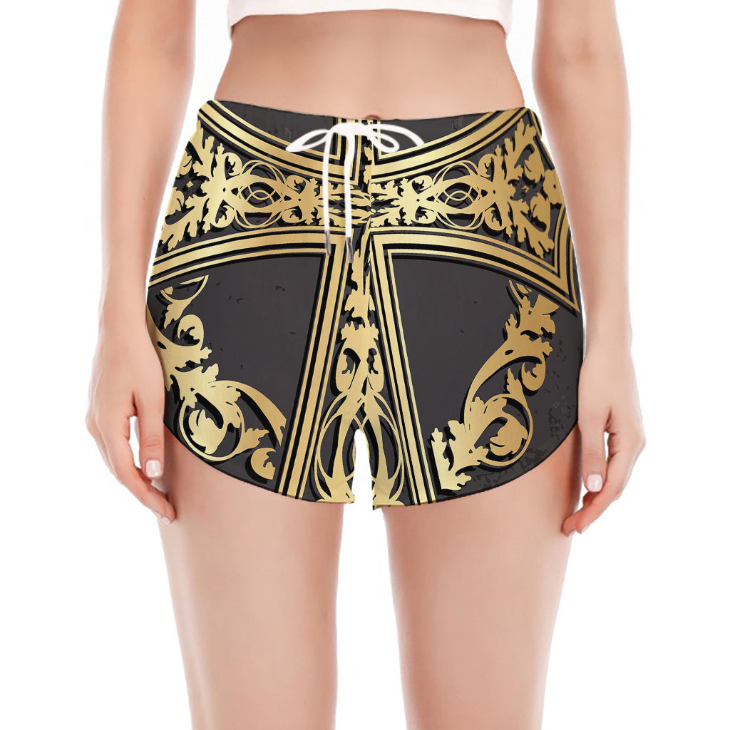 Ornamental Golden Cross Print Women's Split Running Shorts