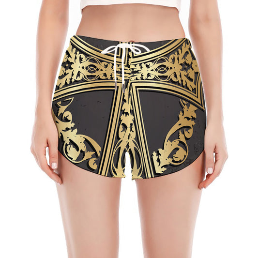 Ornamental Golden Cross Print Women's Split Running Shorts