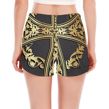 Ornamental Golden Cross Print Women's Split Running Shorts