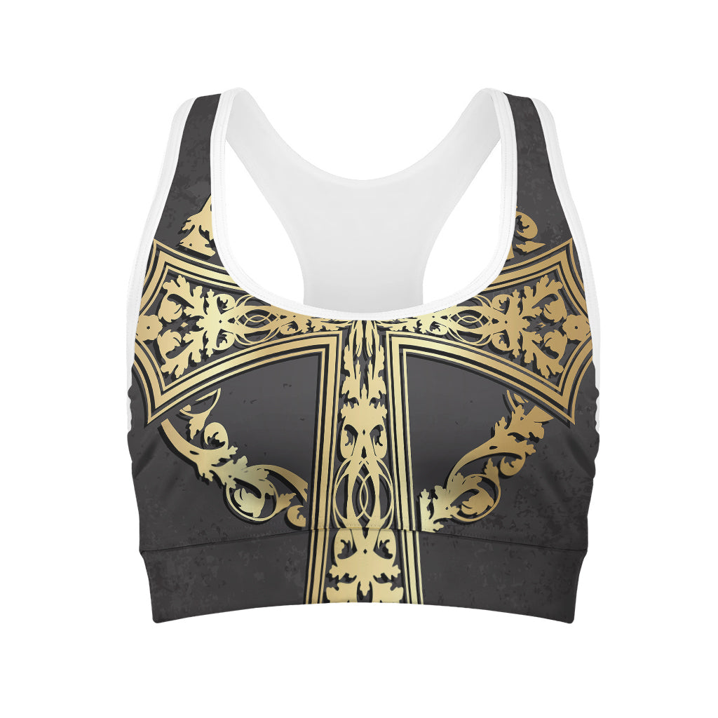 Ornamental Golden Cross Print Women's Sports Bra