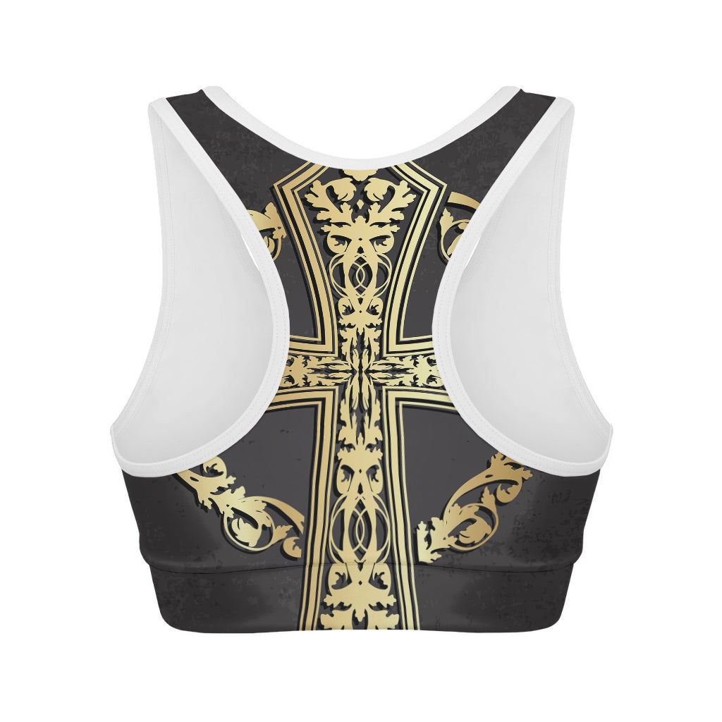 Ornamental Golden Cross Print Women's Sports Bra