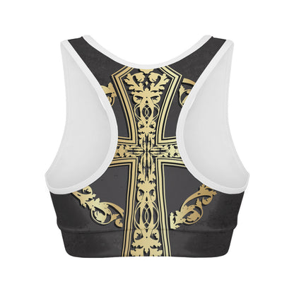 Ornamental Golden Cross Print Women's Sports Bra