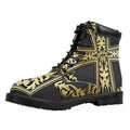 Ornamental Golden Cross Print Padded Collar Lace Up Boots