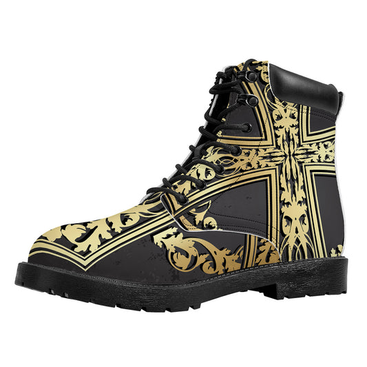 Ornamental Golden Cross Print Work Boots