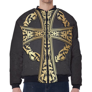 Ornamental Golden Cross Print Zip Sleeve Bomber Jacket