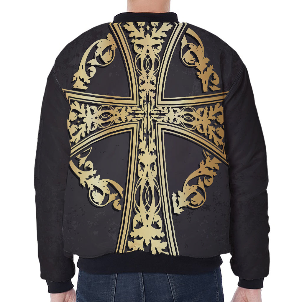 Ornamental Golden Cross Print Zip Sleeve Bomber Jacket