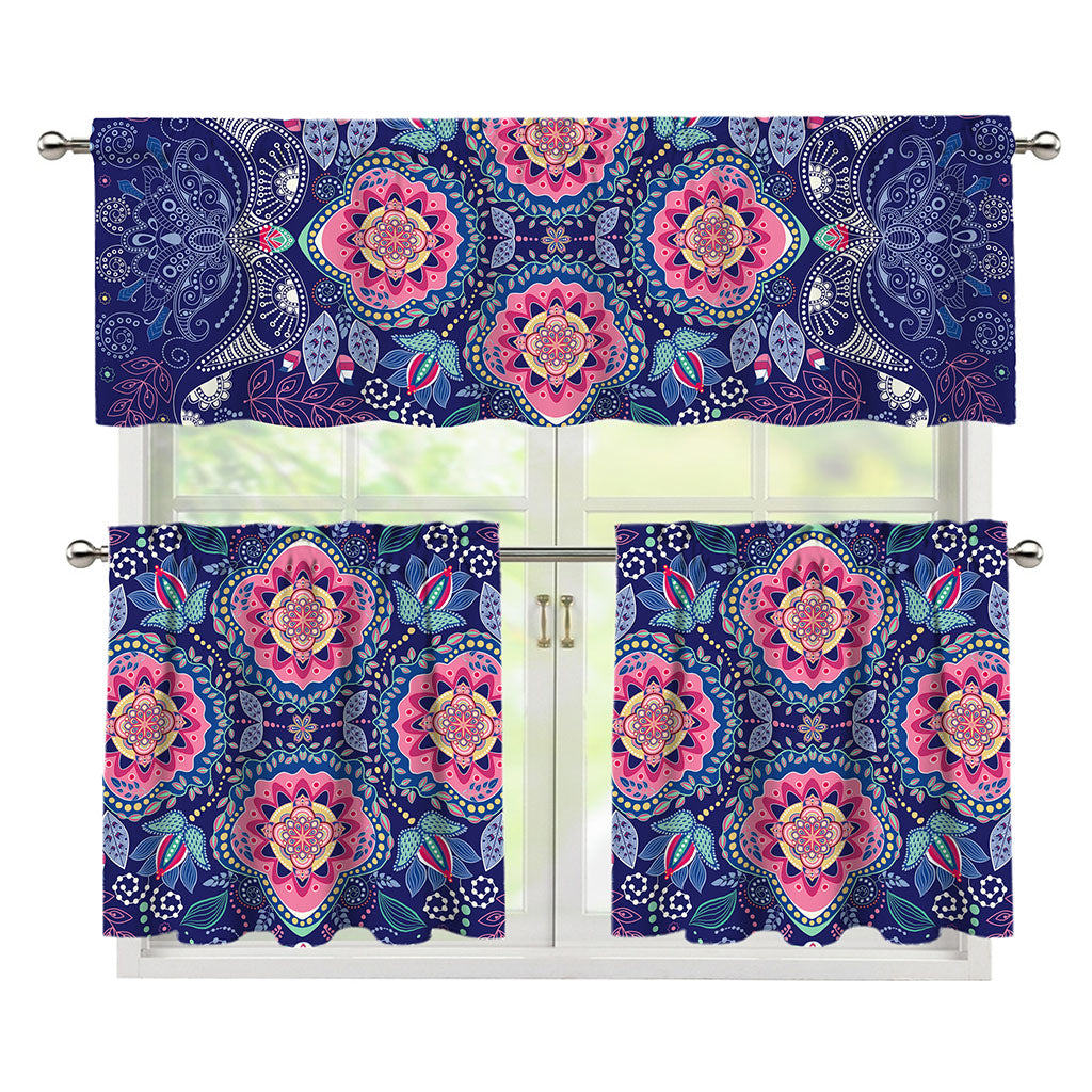 Ornamental Paisley Mandala Print 3 Piece Kitchen Curtains