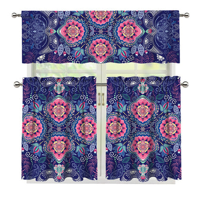 Ornamental Paisley Mandala Print 3 Piece Kitchen Curtains