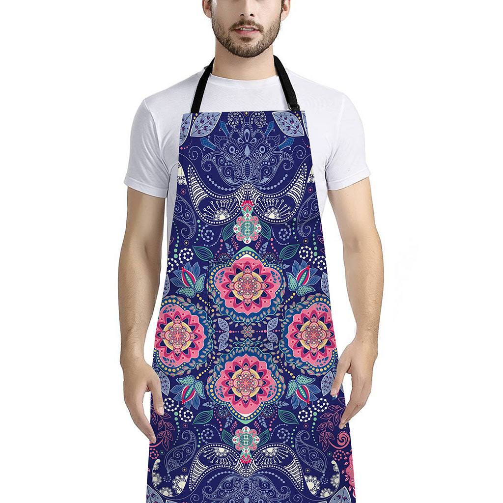 Ornamental Paisley Mandala Print Bib Apron With Pocket