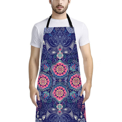 Ornamental Paisley Mandala Print Bib Apron With Pocket