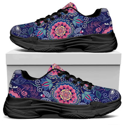 Ornamental Paisley Mandala Print Black Chunky Shoes