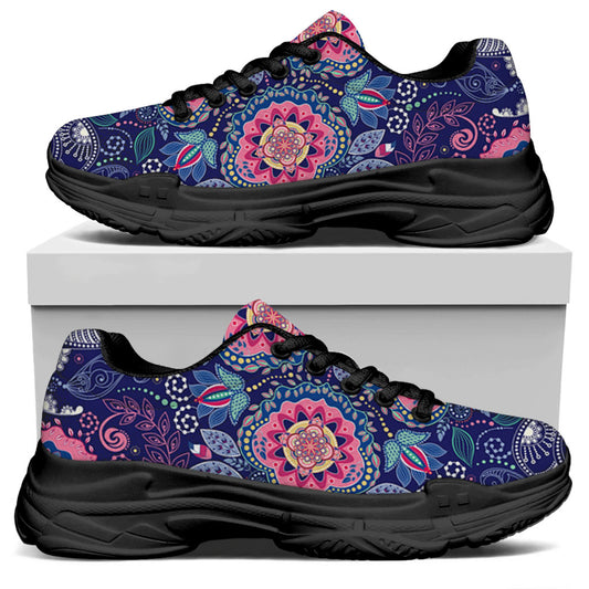 Ornamental Paisley Mandala Print Black Chunky Shoes