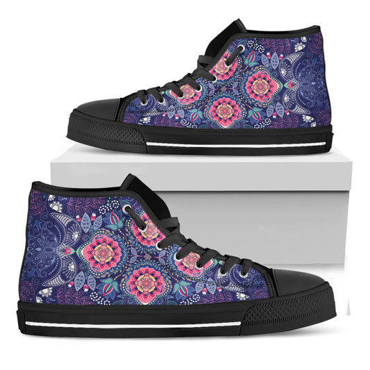 Ornamental Paisley Mandala Print Black High Top Sneakers