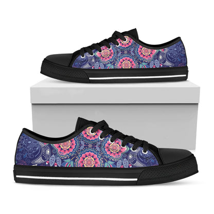 Ornamental Paisley Mandala Print Black Low Top Sneakers