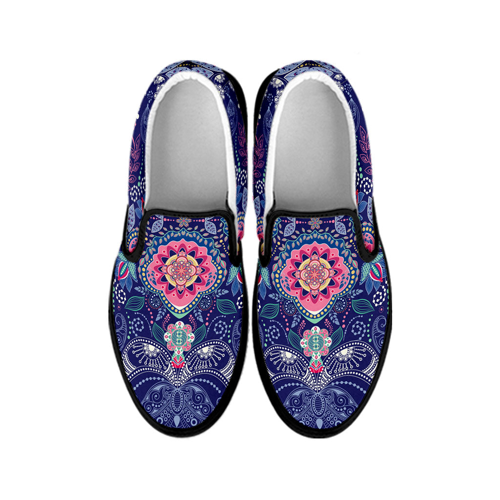 Ornamental Paisley Mandala Print Black Slip On Sneakers